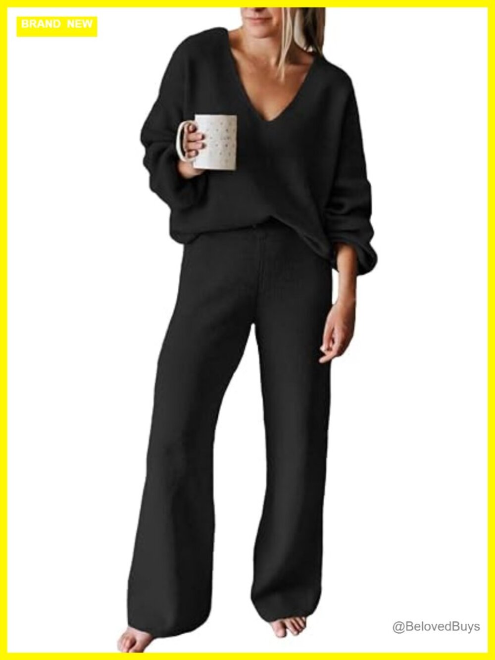 2 Piece Knit Lounge Set V Neck Sweatsuit Wide Leg Pants